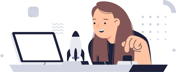 An illustration of a person with long hair sitting at a desk, smiling and looking at a computer, with their finger hovering over a button.